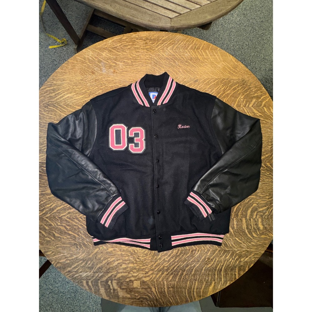 Vtg Rennoc Varsity Jacket XL Black Wool Leather Sleeves Pink Trim USA Made Y2K